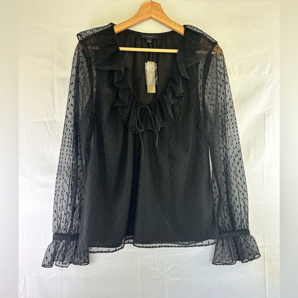 ✨ NWT Elegant Black Swiss Dot Lace Blouse with Ruffle Details & Tie ✨